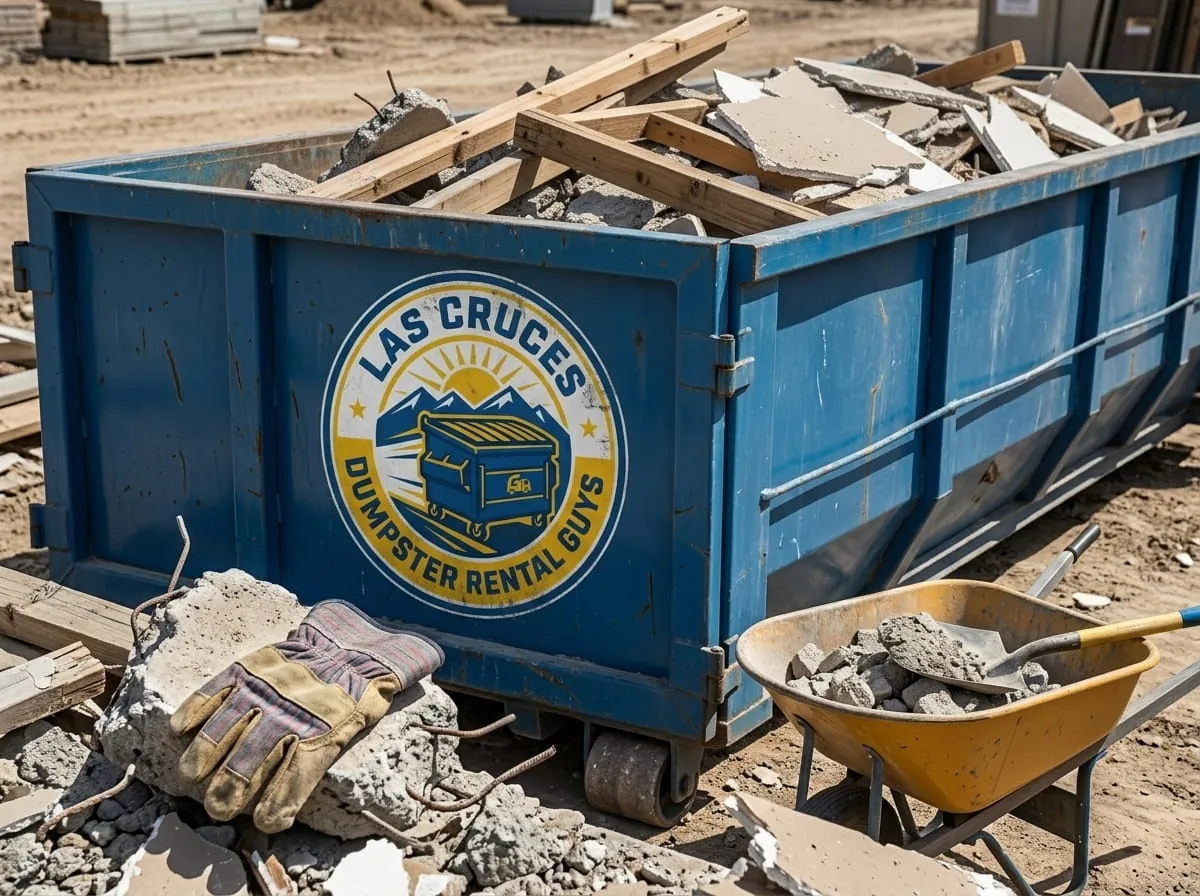 Worker beside a commercial roll-off dumpster from Las Cruces Dumpster Rental Guys in Las Cruces, NM