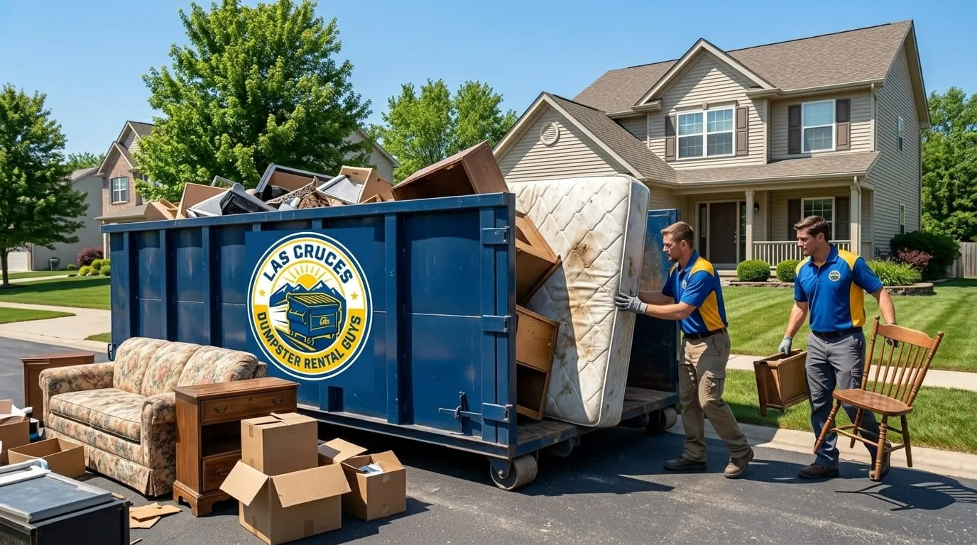 Loading household items into an estate cleanout dumpster in Las Cruces, NM