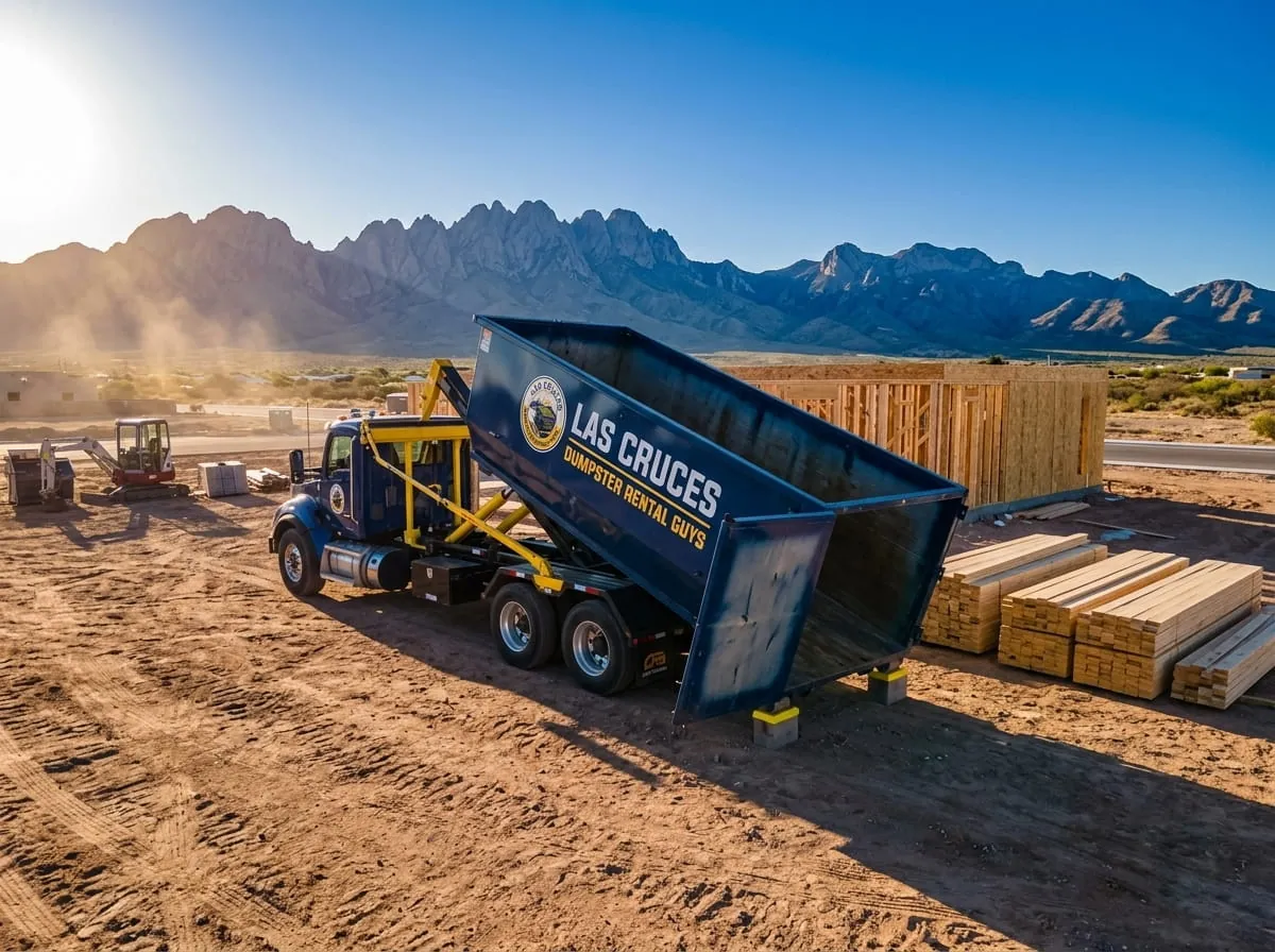 Las Cruces Dumpster Rental Guys team member beside a roll-off dumpster in Las Cruces, NM