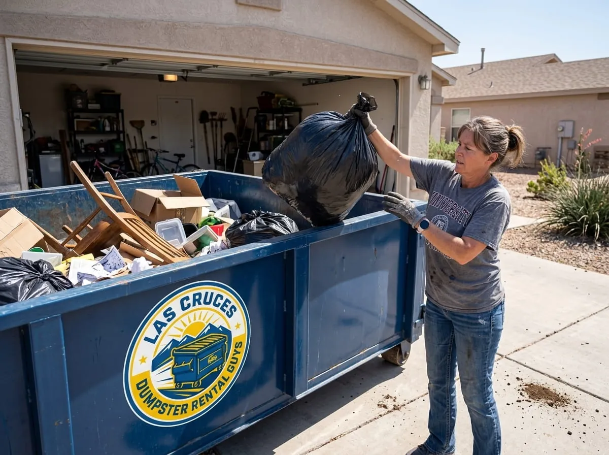 Roofing dumpster rental in Las Cruces, NM Roll-off dumpster on a driveway ready for a roofing tear-off in Las Cruces, NM