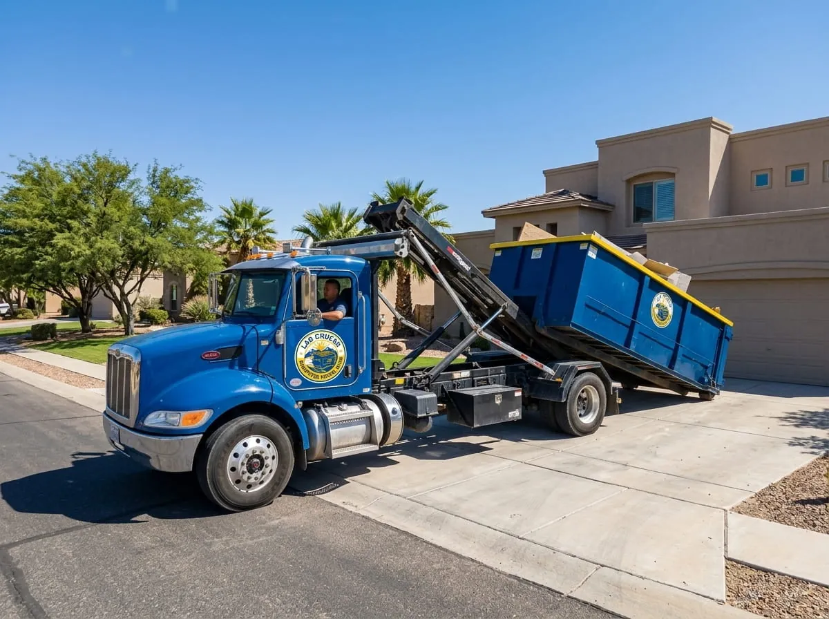 Roll-off construction dumpster being loaded onto a Las Cruces Dumpster Rental Guys truck